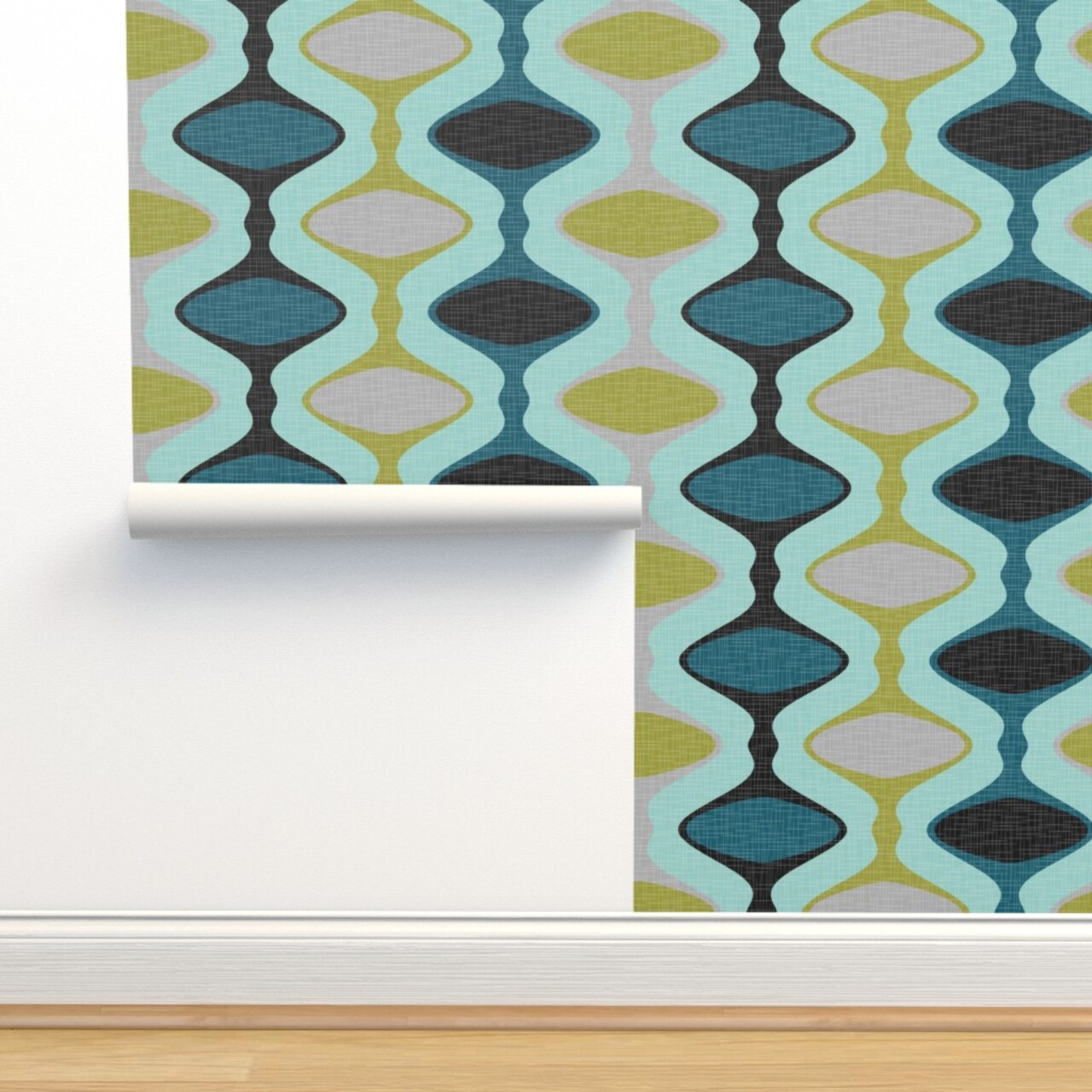 Mid Century Ogee Modern Teal Blue Lime Gray Grey Black Olive Geometric Custom Removable Wallpaper by Spoonflower Peel & Stick Wallpaper 2FT Wide